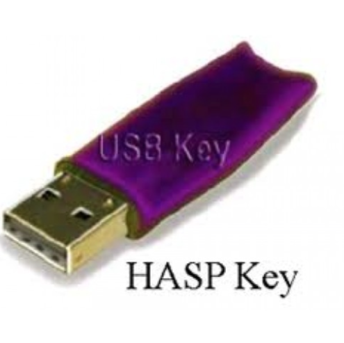 A purple USB Drive with Text that reads "USB Key" and "HASP Key" next to it