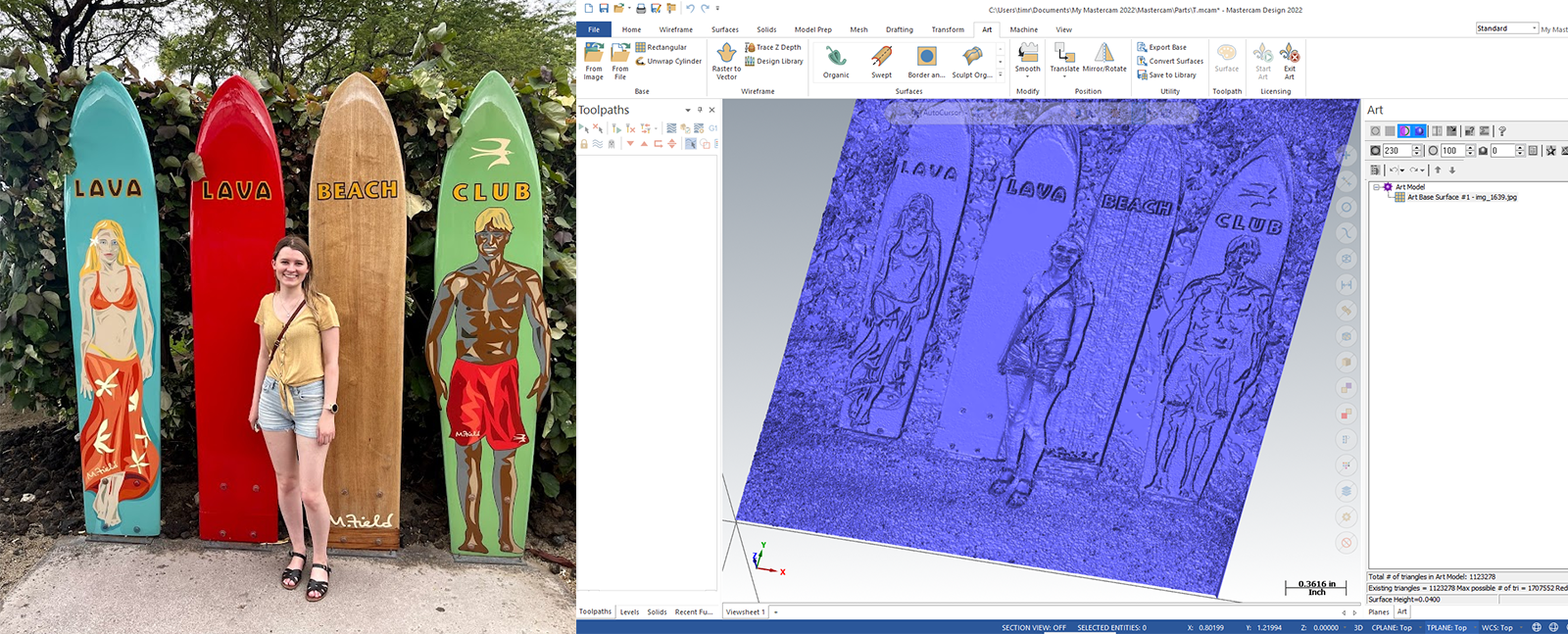 A photo of a woman (Callie Morgan) in front of bleu, red, tan and green painted surfboards and the 3D engraving rendered in dark blue in the application on the right.
