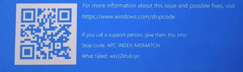 Blue bar with a QR code and the stop code: APC_INDEX_MISMATCH written in white.