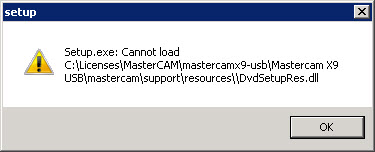 Setup error message saying “Setup.exe: Cannot load” with the file destination listed.