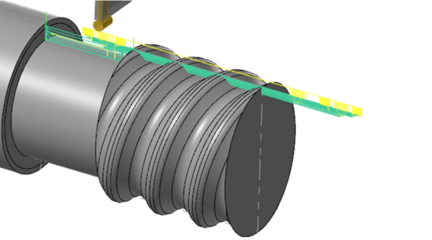 An example of the Custom Thread toolpath in Mastercam showing a cylindrical part being cut with green and yellow horizontal lines.