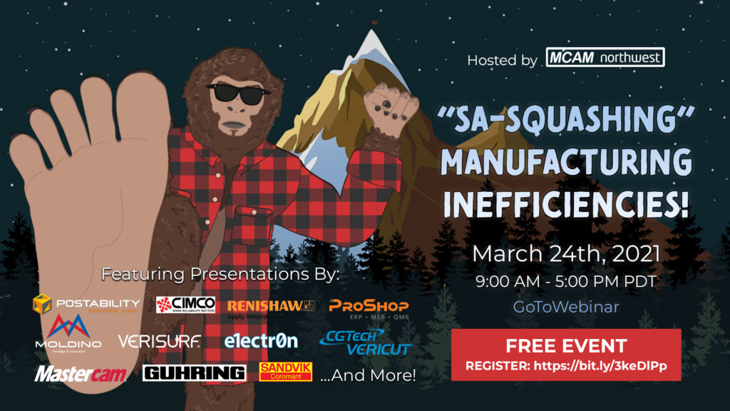A sasquatch in a red and black flannel shirt stomping the screen. There is the text "Sa-Squashing manufacturing inefficiencies!" next to the sasquatch with the date and "Free Event" written below it. A list of sponsor logos is on the left side of the screen.