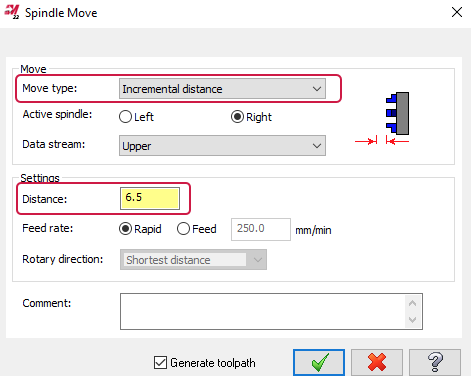 A white applications window that says "Spindle Move" at the top with the "Move type" and "Distance" fields bordered in red.