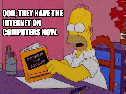 A yellow man (Homer Simpson) reading a book titled "internet for dummies" with text reading "Ooh, they have internet on computers now".