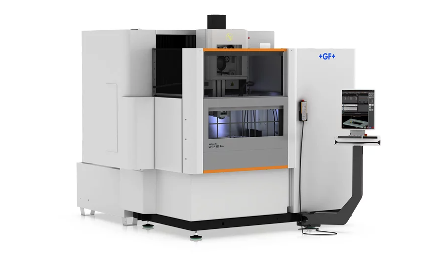 An image of a white, grey and black CNC EDM machine with orange detailing by GF.