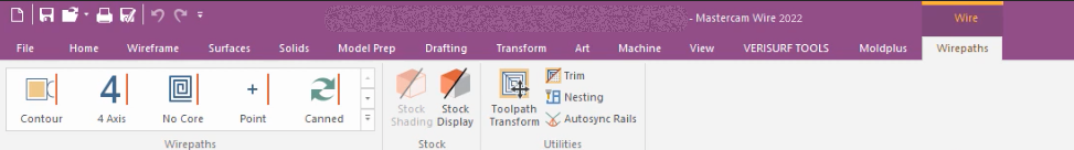 A purple toolbar for a web application for Mastercam 2022. With icons on the left that say "contour", "4 axis", "now core", "point" and "canned" with other options on the right side.