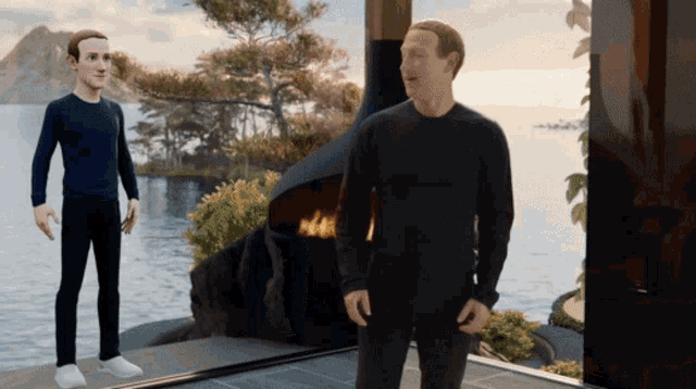 A man (Mark Zuckerburg) using a remote to change the clothing of his virtual alter ego on a house on the lake with a fireplace in the background.