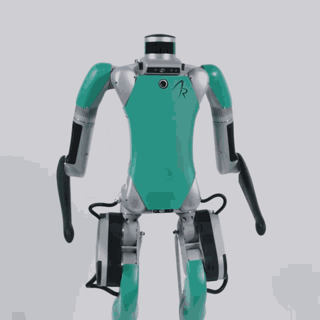 A GIF of a teal, black and white headless robot bowing.