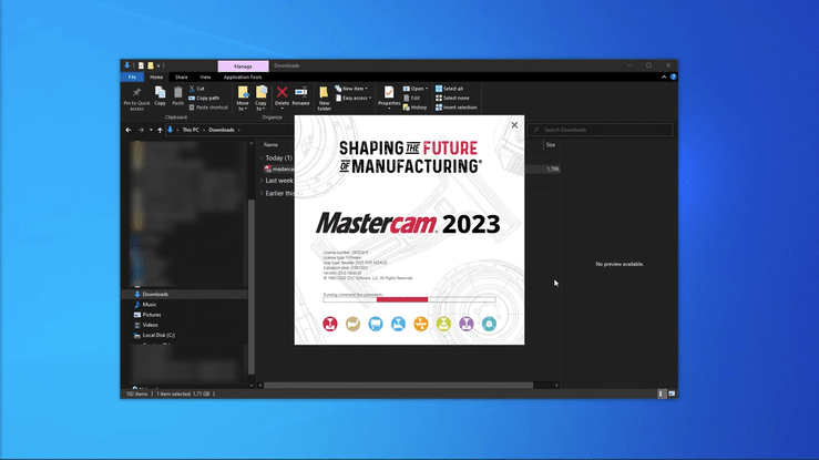 A blue background with a black Windows 10 file window on top of it and a white Mastercam 2023 pop-up window with a white and red loading bar.
