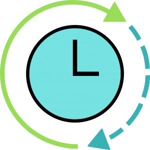 A drawing with a blue clock in the middle with a green curved arrow around it and a dashed teal arrow around it, pointing clockwise.