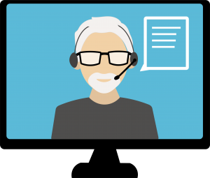A drawing of a computer monitor with a man with grey hair and a grey beard, wearing a headset and glasses.