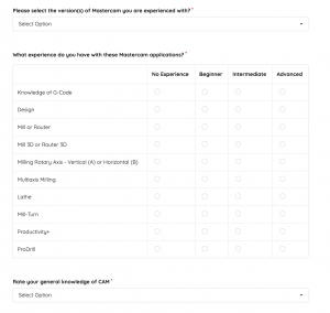 A list of various Mastercam products with checkboxes next to them that list different skill levels.