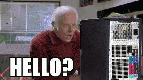 A GIF of an old man with a cane hitting a Dell computer saying "Hello?"