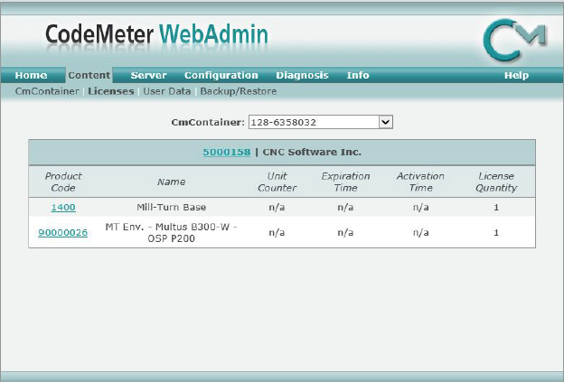 The teal and white web application window that says "CodeMeter WebAdmin" that lists Mastercam licenses.
