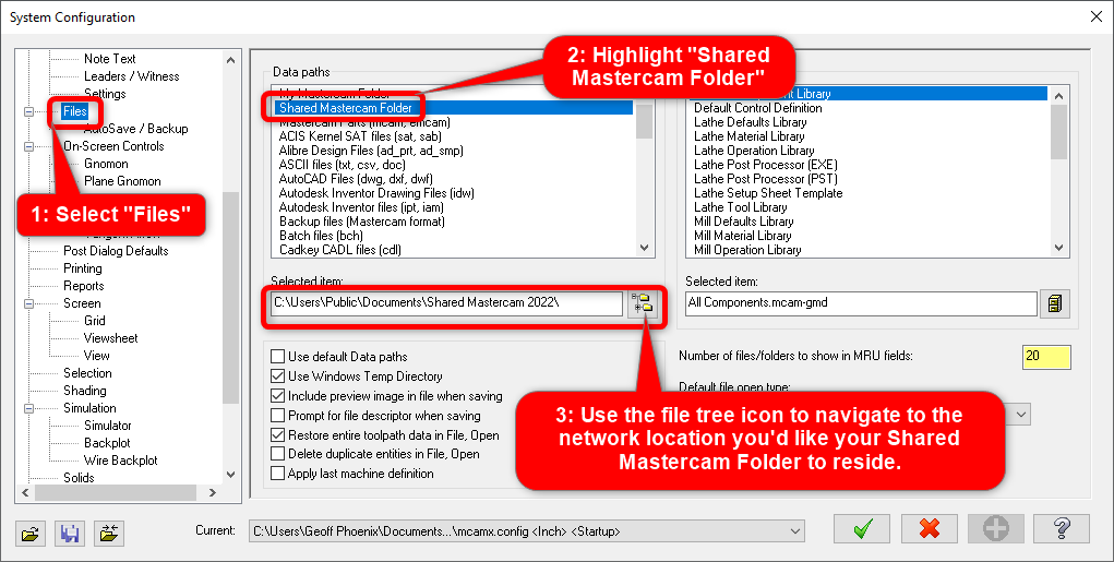 The System Configuration web window within Mastercam, with red speech bubbles that list the steps for moving you Mastercam Shared Folder.