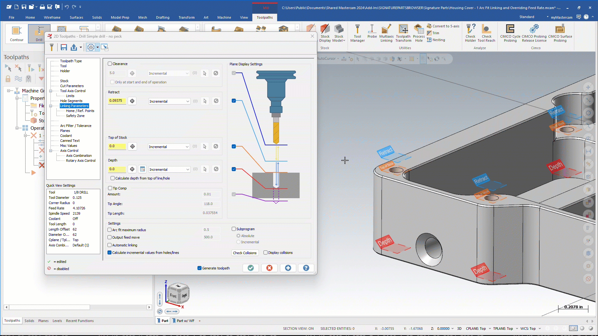 Setting retract height markers for holemaking toolpaths in Mastercam 2024.